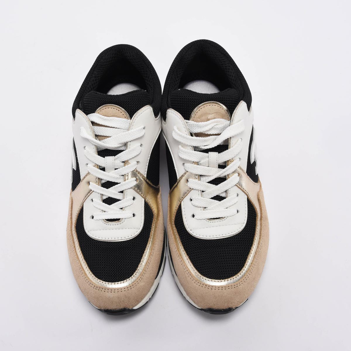 Chanel Beige & Gold Mixed Fibers CC Trainer Sneakers 37.5