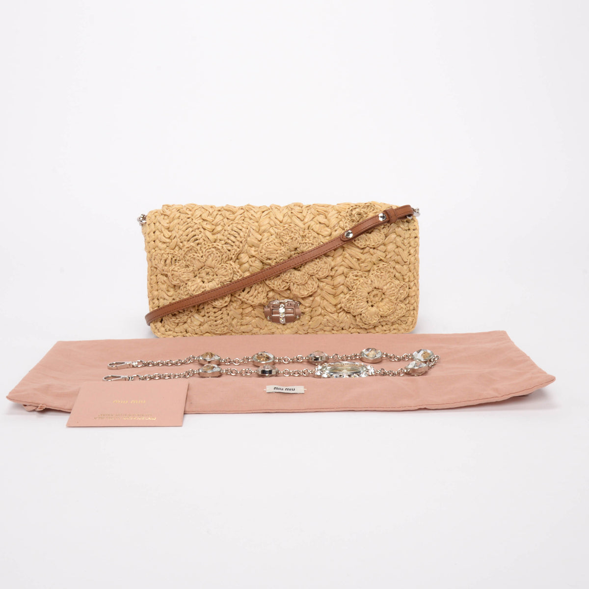 Miu Miu Beige Raffia Crystal Shoulder Bag
