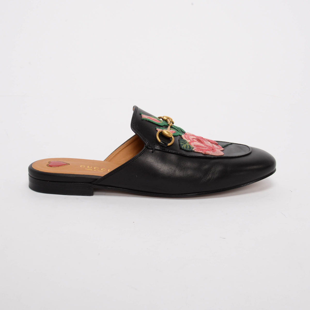 Gucci Black Calfskin Rose Embroidered Princetown Slippers 38