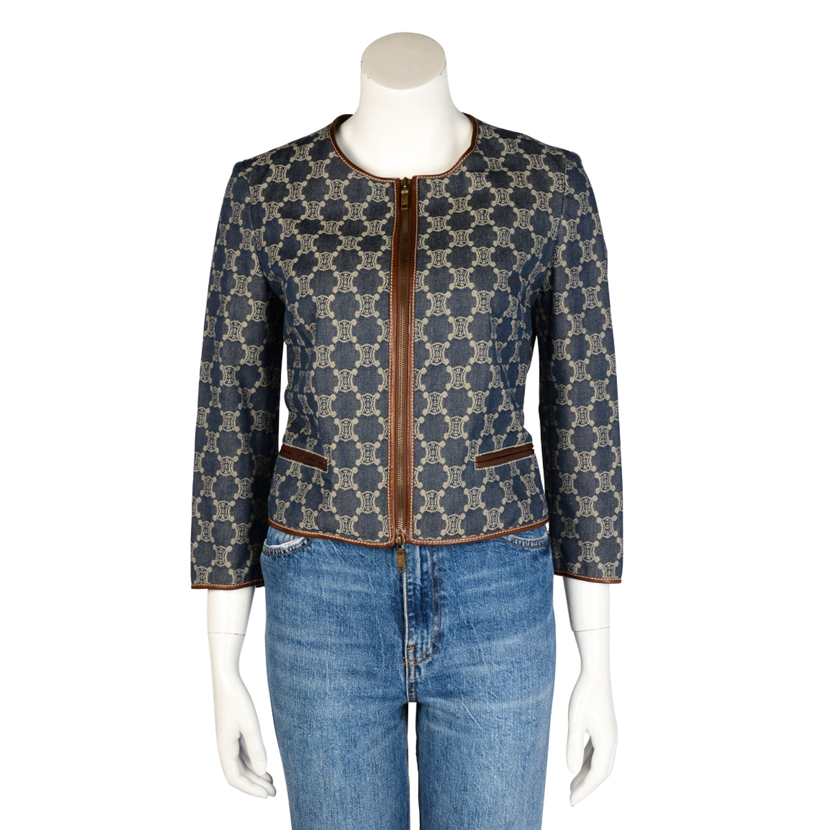 Celine Vintage Blue Macadam Denim Double Zip Jacket FR 40
