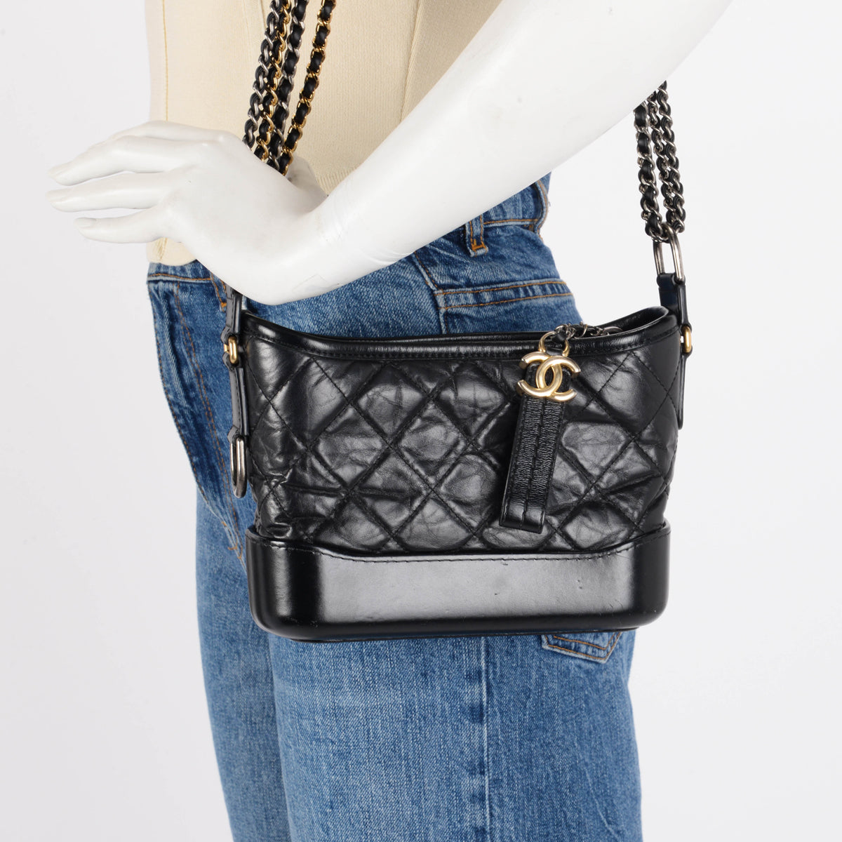 Chanel Black Aged Quilted Calfskin Small Gabrielle Hobo Bag
