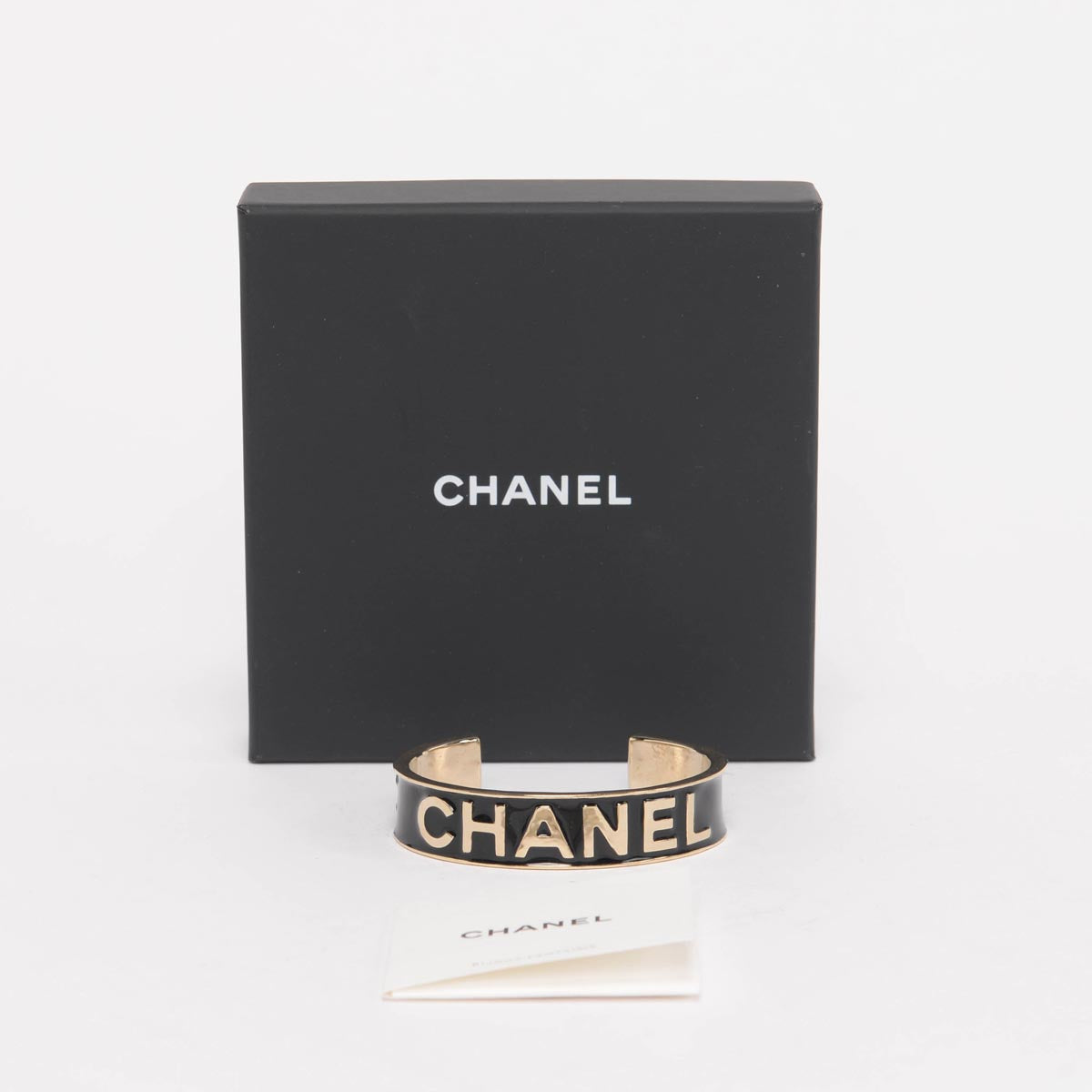 Chanel Light Gold & Black Enamel Logo Cuff Bracelet