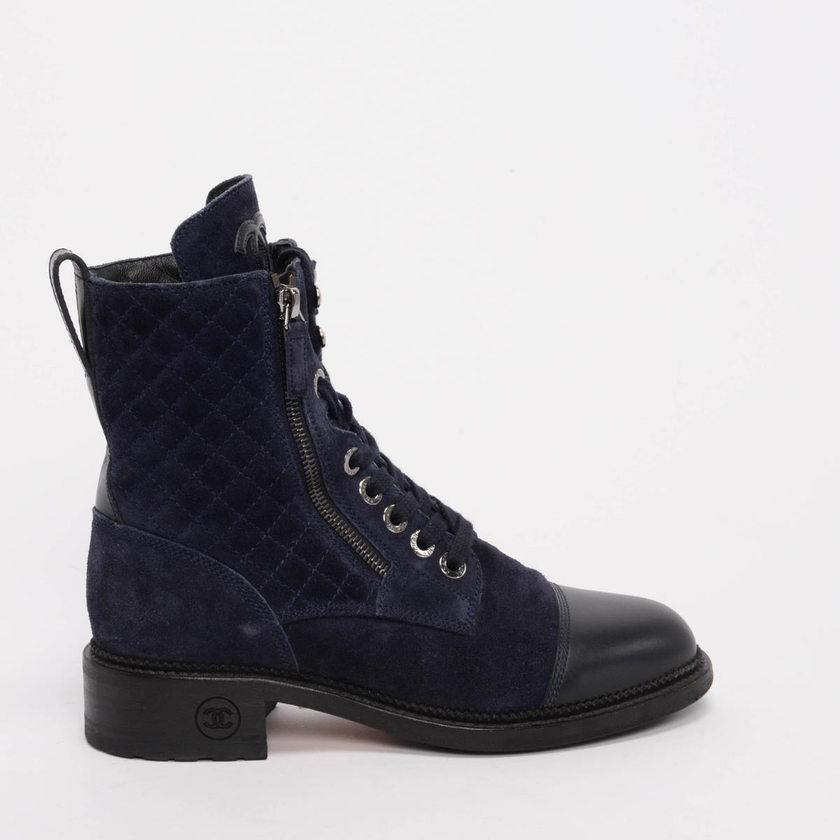 Chanel Navy Quilted Suede Lace Up CC Combat Boots 38