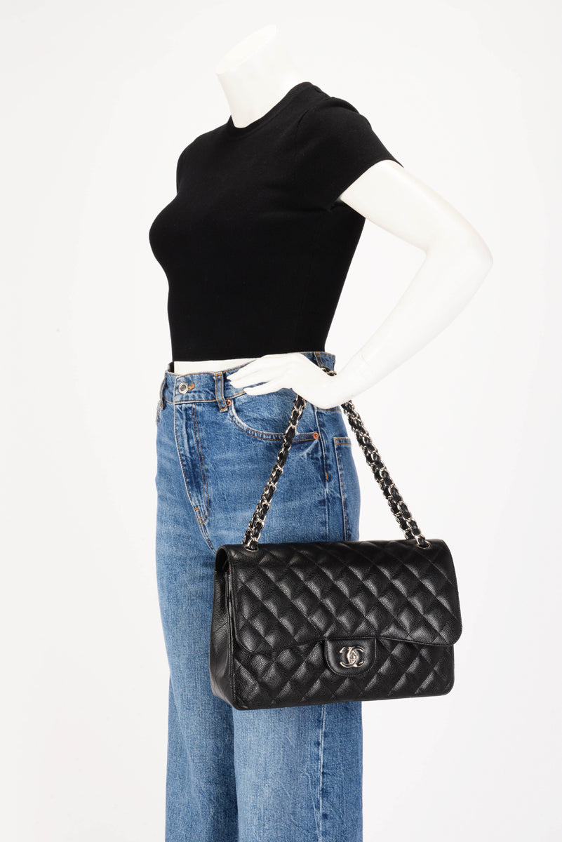 Chanel Black Caviar Large Double Flap Shoulder Bag