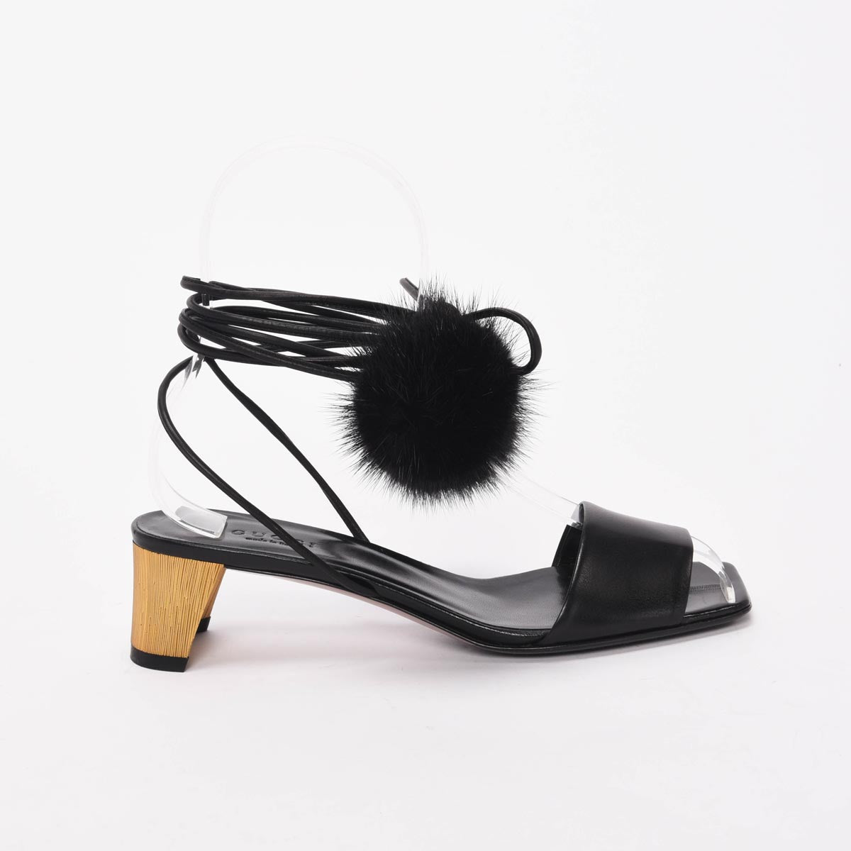 Gucci Black Fur Heloise Pom Pom Sandals 35.5