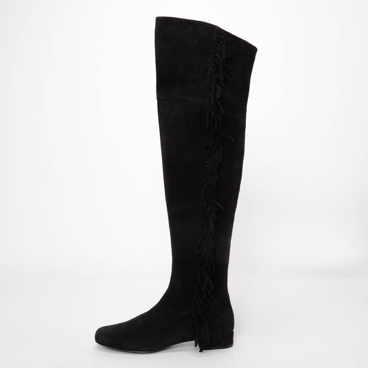 Saint Laurent Black Suede Fringed Over the Knee Boots 37