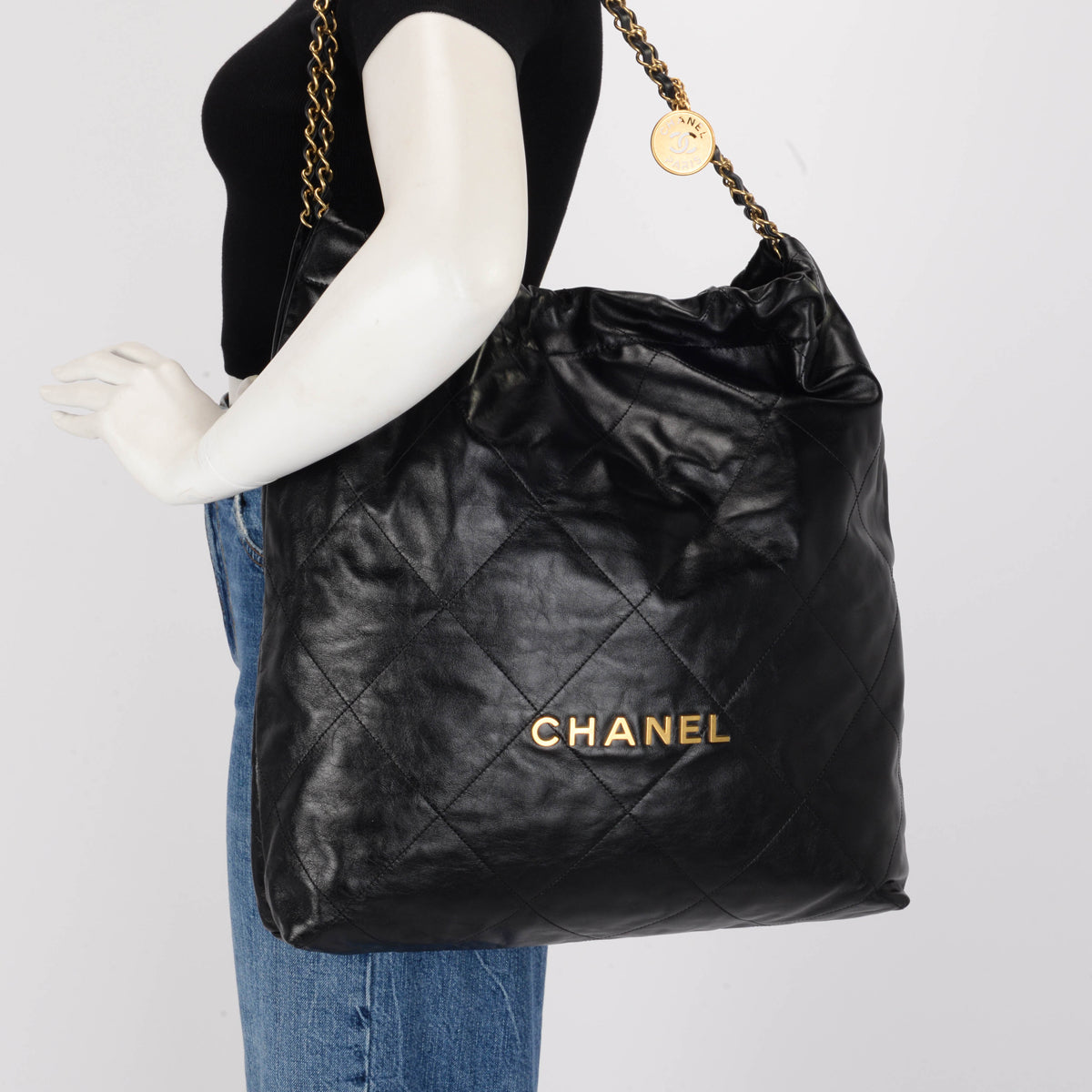 Chanel Black Shiny Calfskin Large 22 Bag