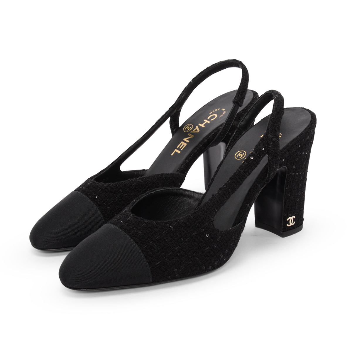 Chanel Black Sequin Tweed Slingback Pumps 38