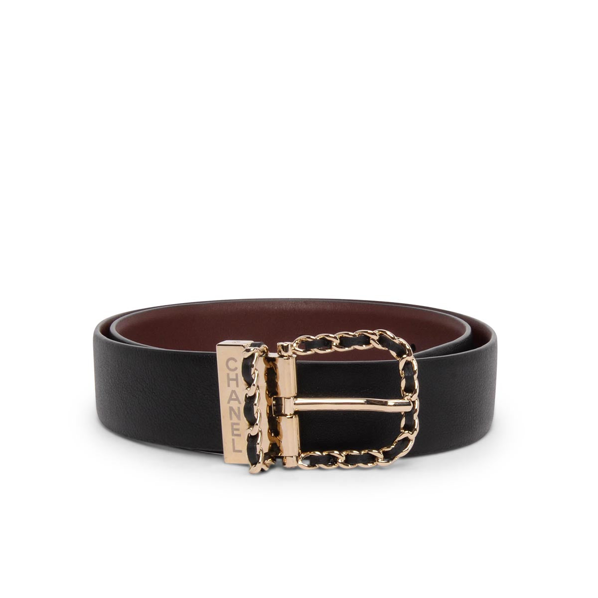 Chanel Black & Burgundy Reversible Leather Chain Buckle Belt