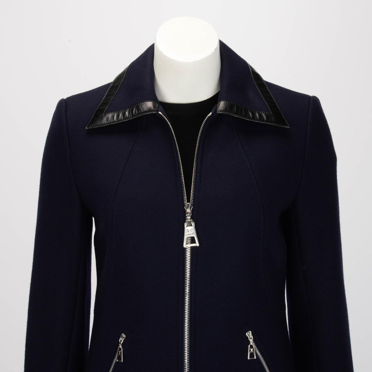 Louis Vuitton Navy Wool Lambskin Detail Zipped Coat FR 36