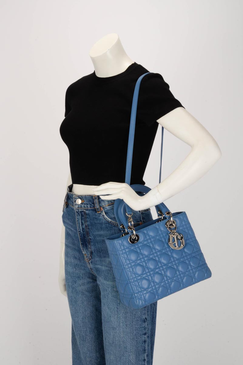 Dior Blue Lambskin Cannage Medium Lady Dior