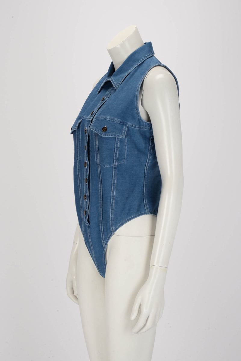 Saint Laurent Blue Stretch Denim Button Up Bodysuit FR 42