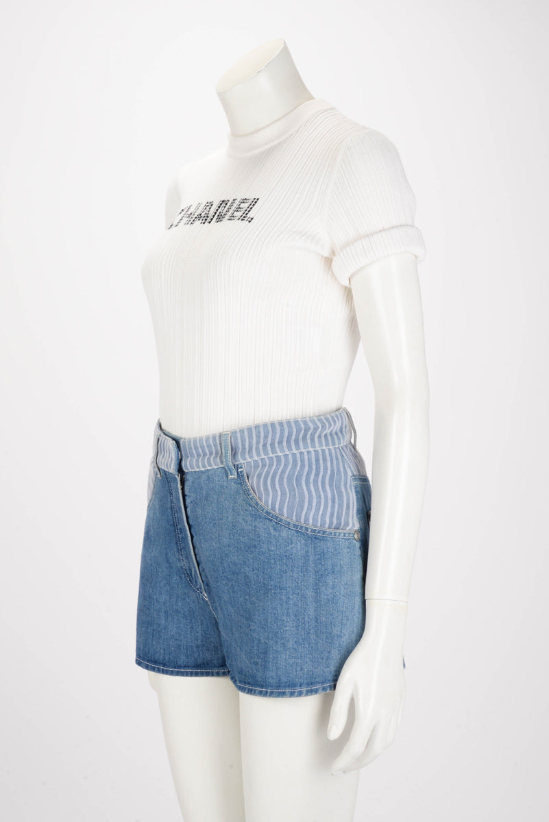 Chanel Blue Denim Cotton Sheer Pleated Shorts FR 32