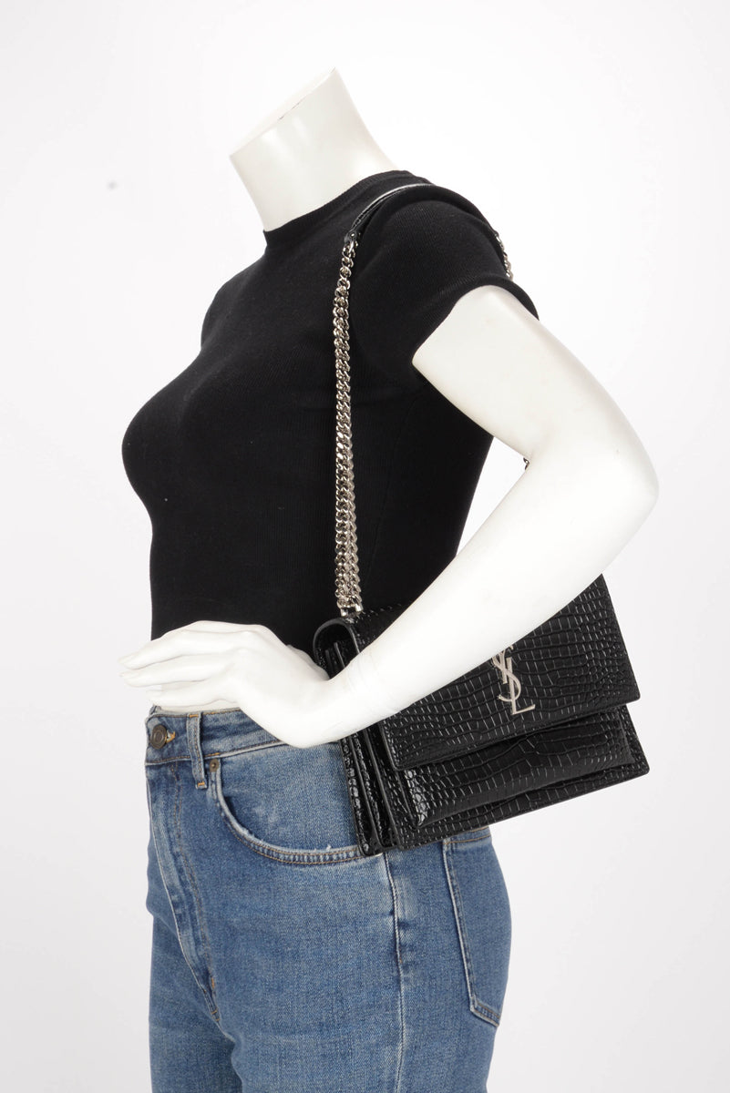 Saint Laurent Black Croc Embossed Medium Sunset Bag