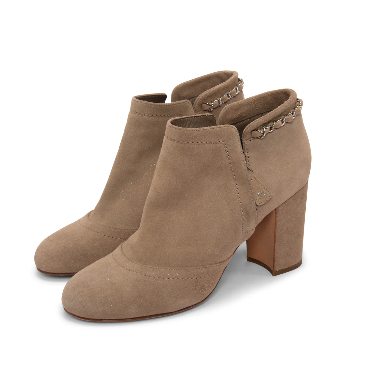 Chanel Beige Glitter Suede CC Chain Detail Ankle Boots 41