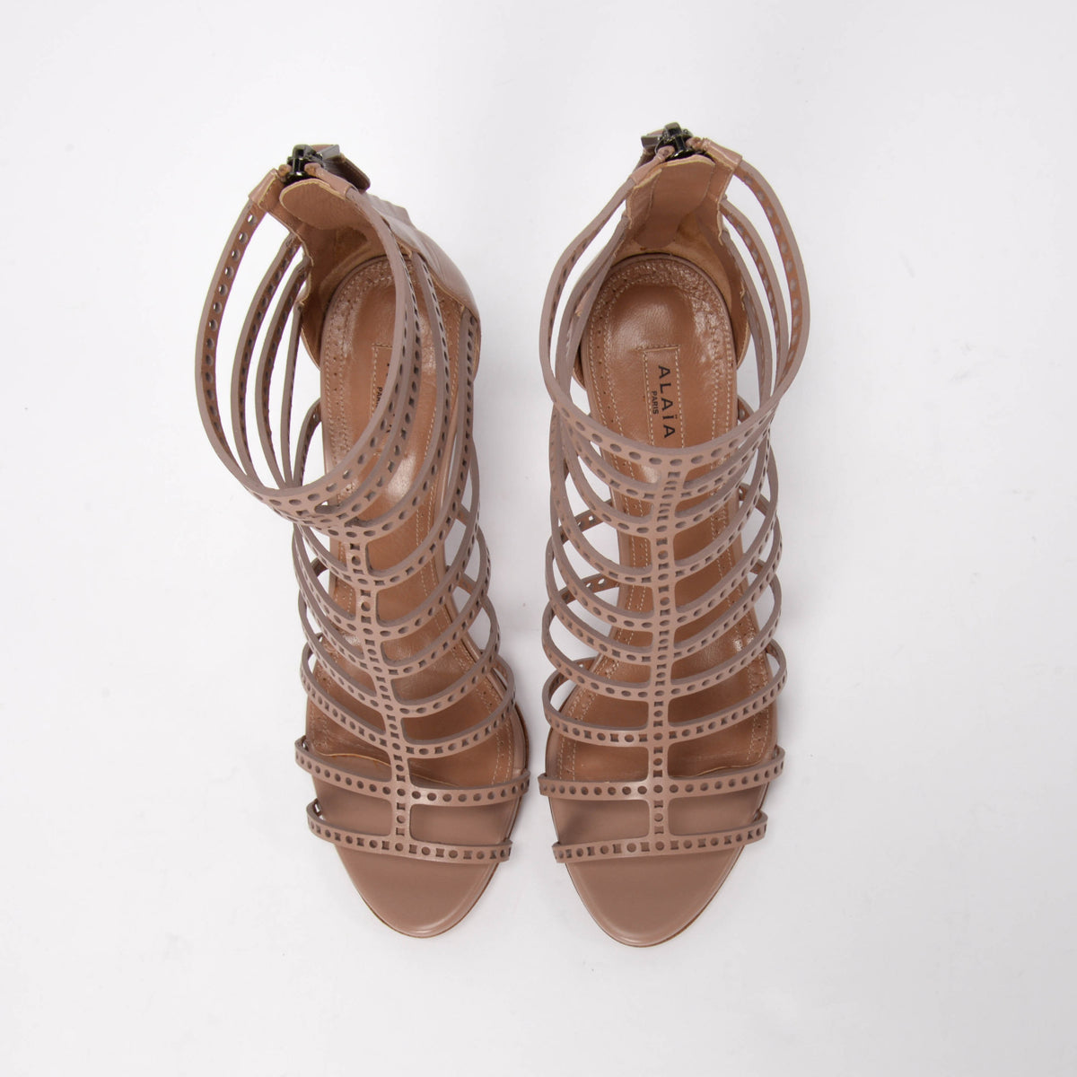Alaia Nude Laser Cut Calfskin Gladiator Sandals 38