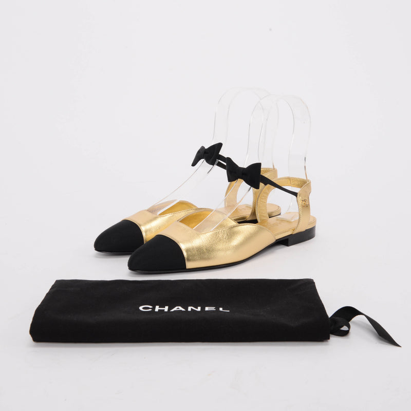Chanel Gold Metallic Leather Cap Toe Bow Flats 38 - Blue Spinach