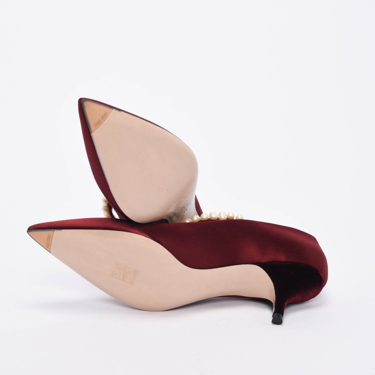 Miu Miu Burgundy Satin Pearl Strap Pumps 41