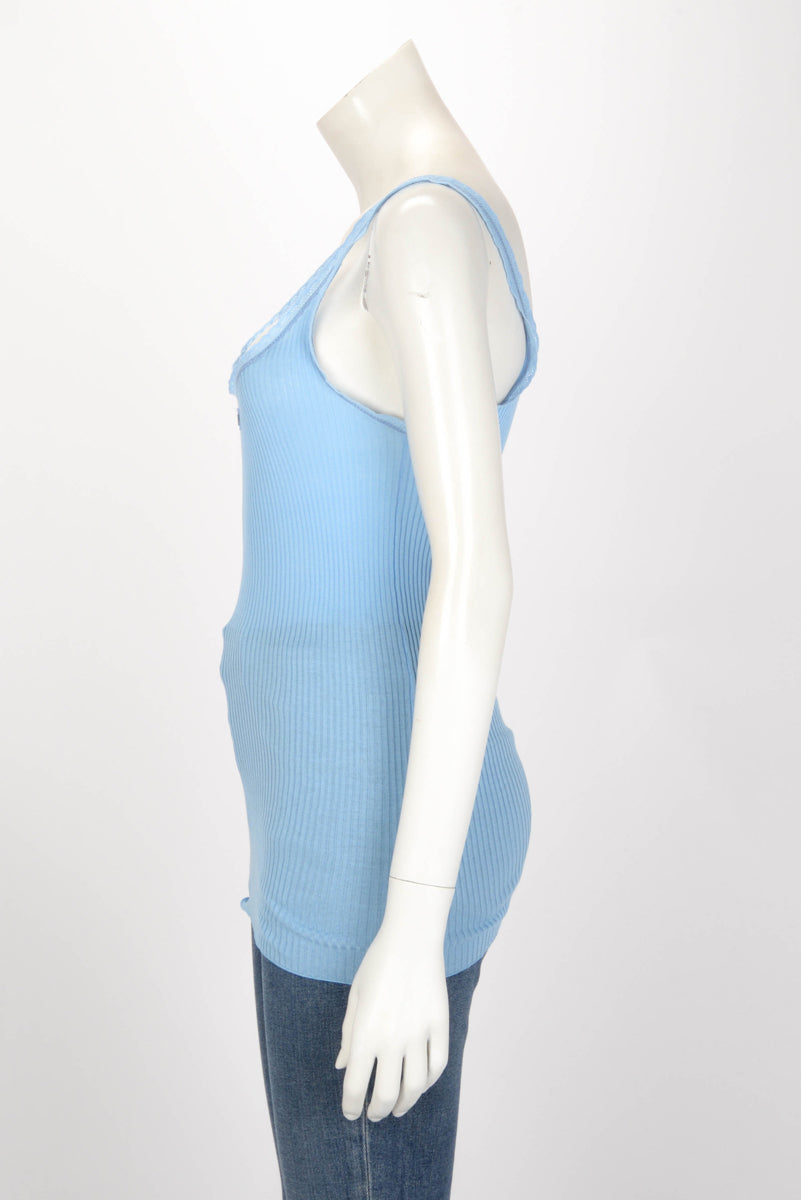 Prada Blue Ribbed Knit Lace Trim Logo Singlet IT 44