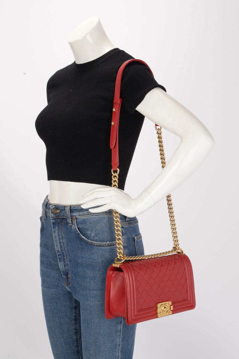 Chanel Red Quilted Calfskin Medium Boy Bag