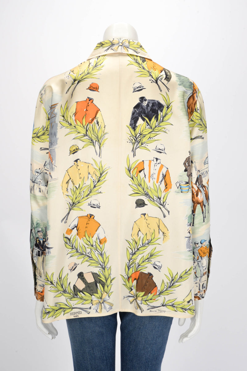 Hermes Ivory Silk Champs de Courses Chantilly Shirt FR 40