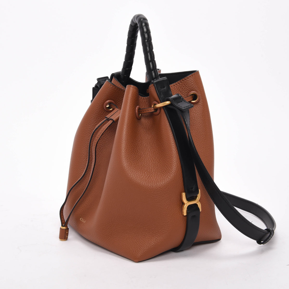 Chloe Tan & Black Calfskin Marcie Drawstring Bucket Bag