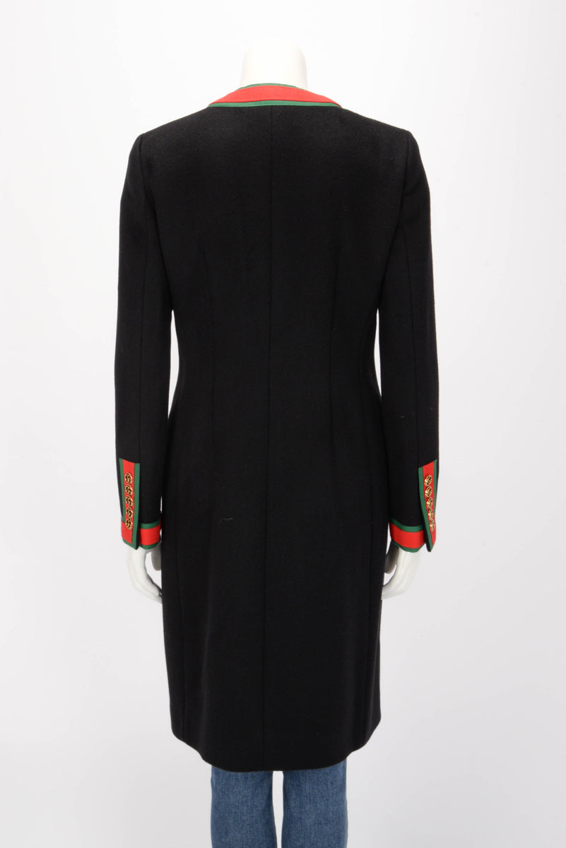 Gucci Black Wool GG Web Trim Longline Coat IT 42