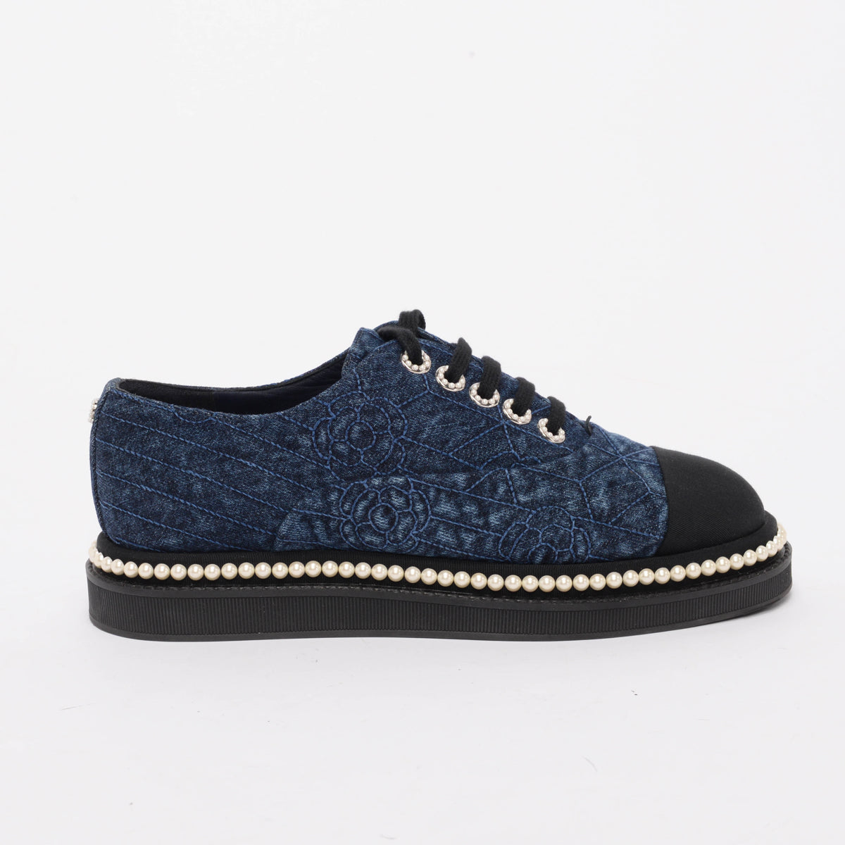 Chanel Denim & Pearl Camellia Stitch Detail Sneakers 38