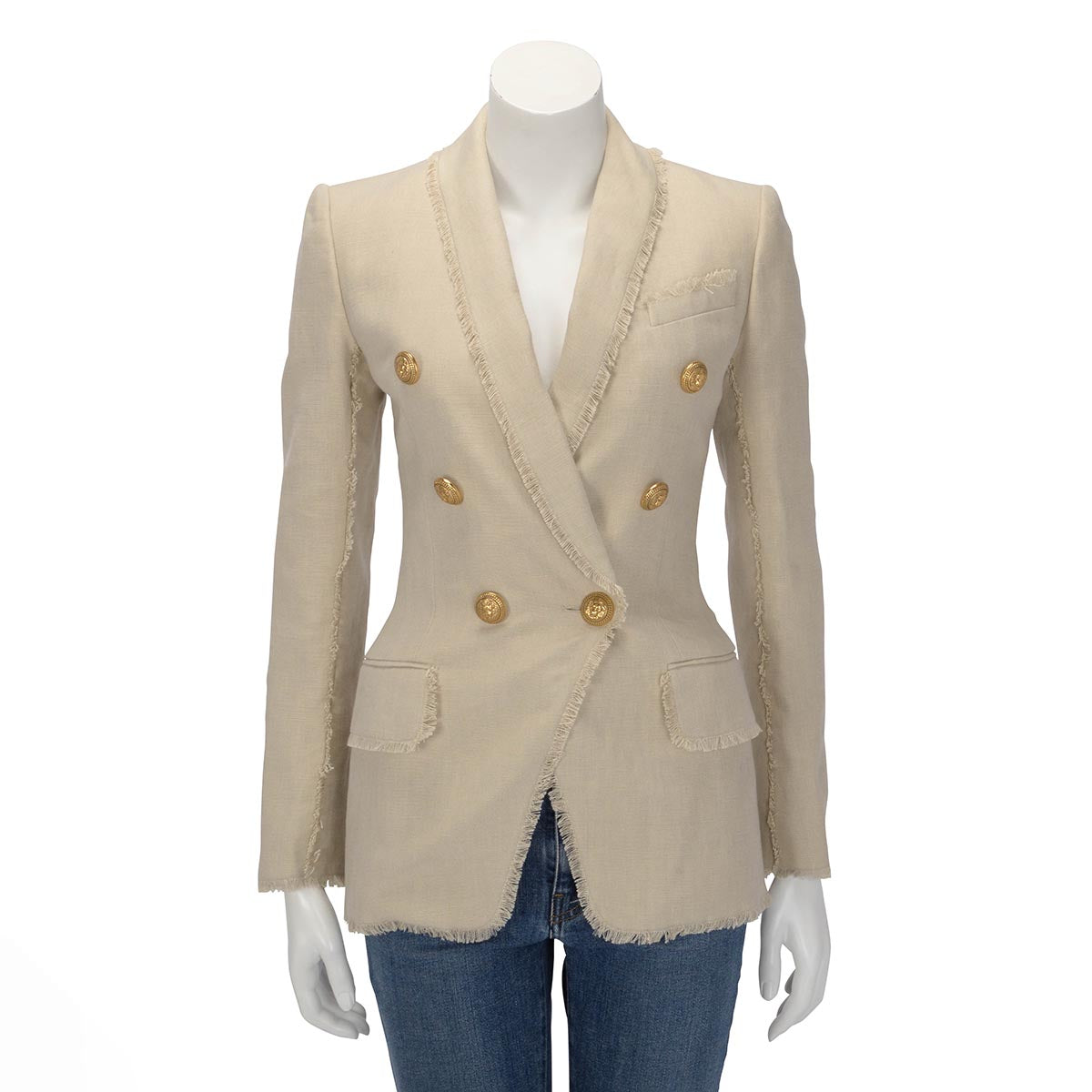 Balmain Beige Linen Fringed Double Breasted Blazer FR 34