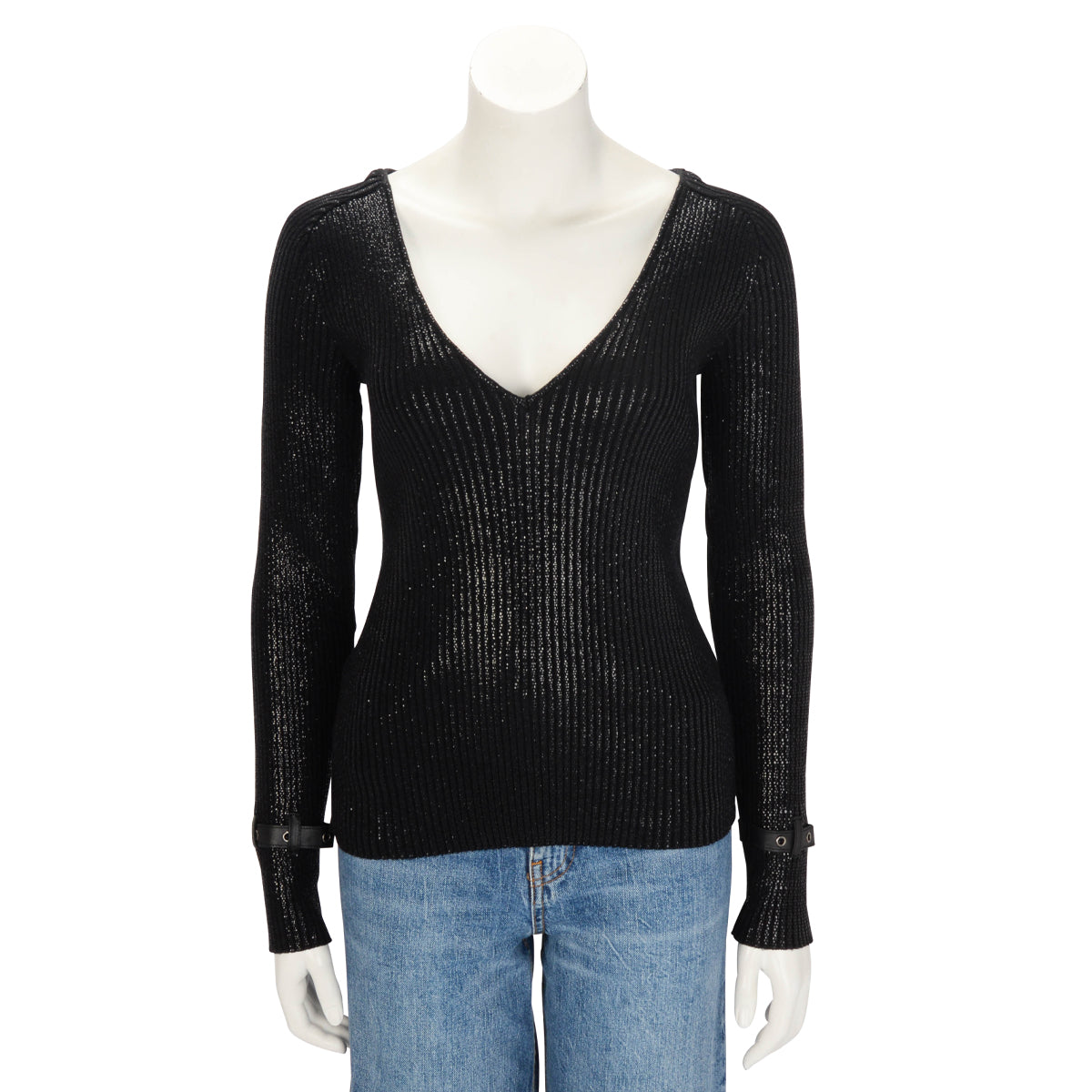 Dior Black Wool Glitter Knit Buckle Detail Sweater FR 42