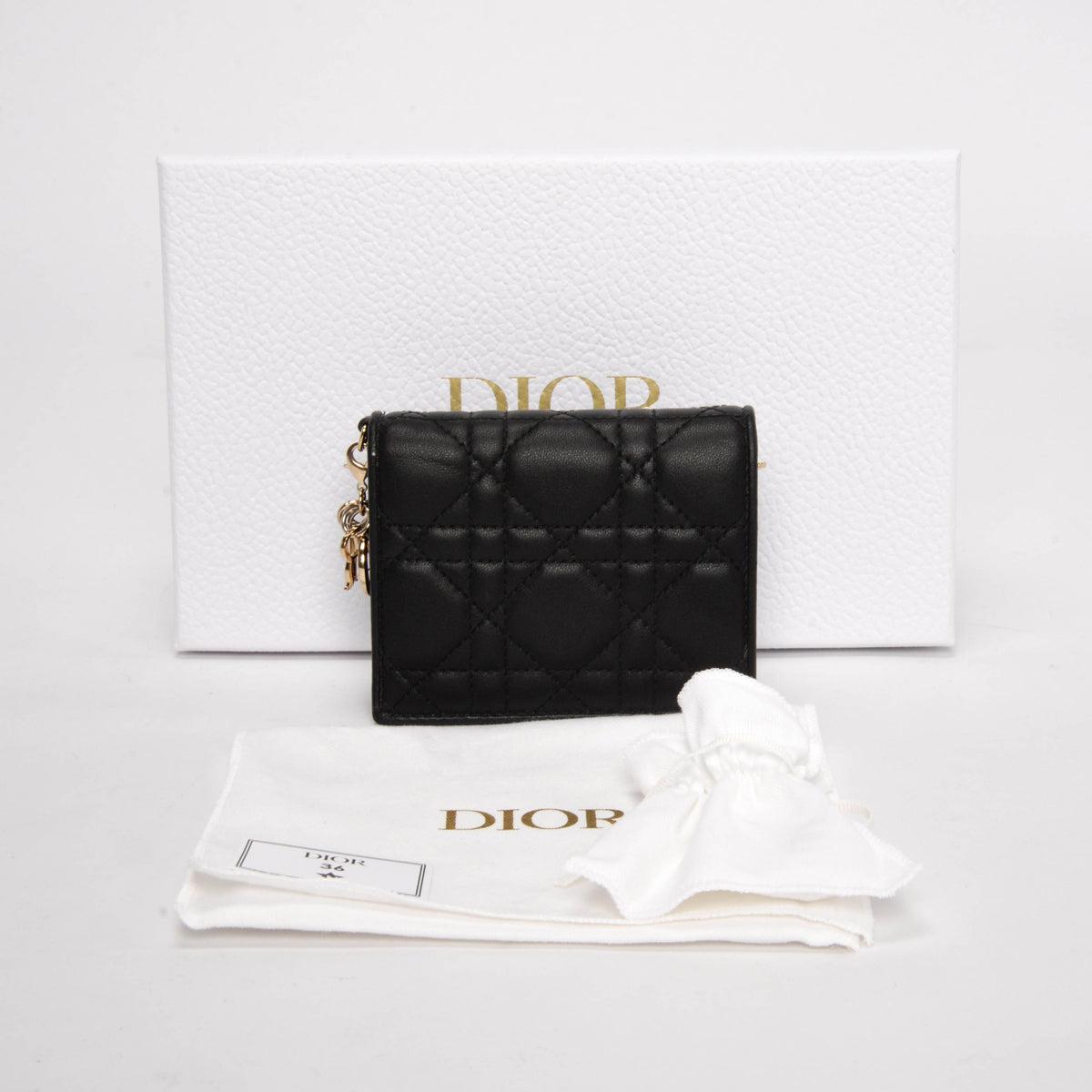 Dior Black Lambskin Cannage Mini Lady Dior Gardenia Wallet