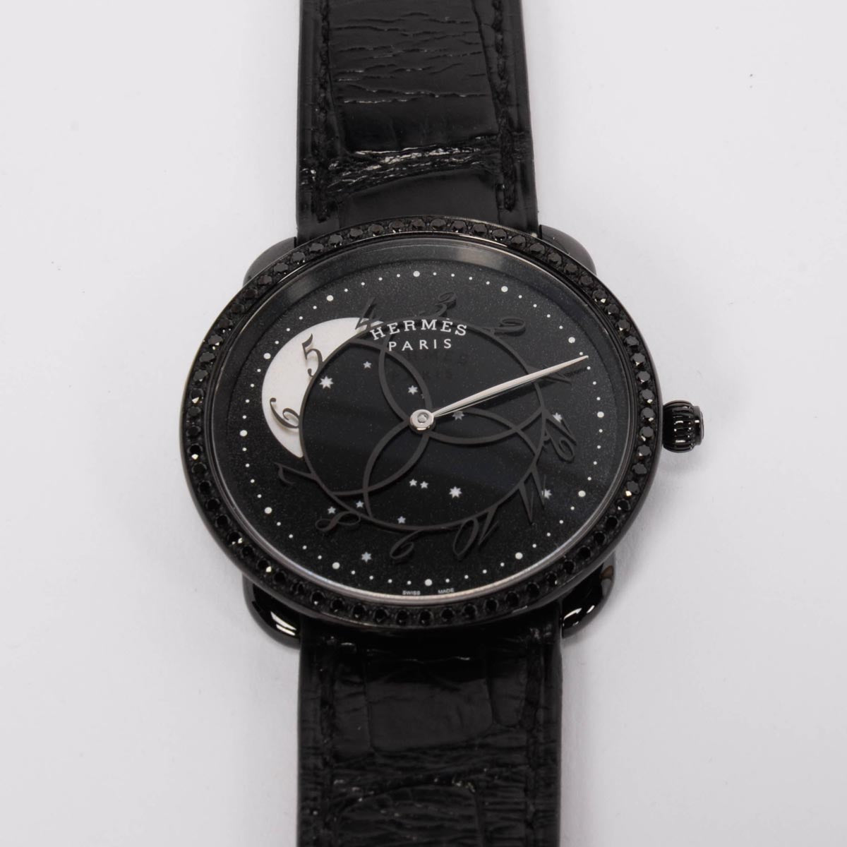 Hermes Black Stainless Steel & Diamond Arceau Ronde Des Heures Watch