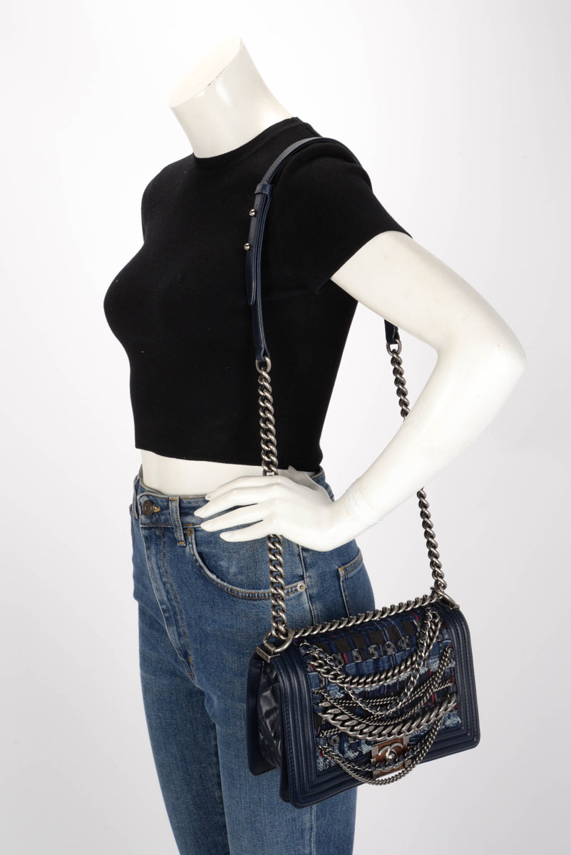 Chanel Navy Patchwork Enchained Old Medium Boy Bag