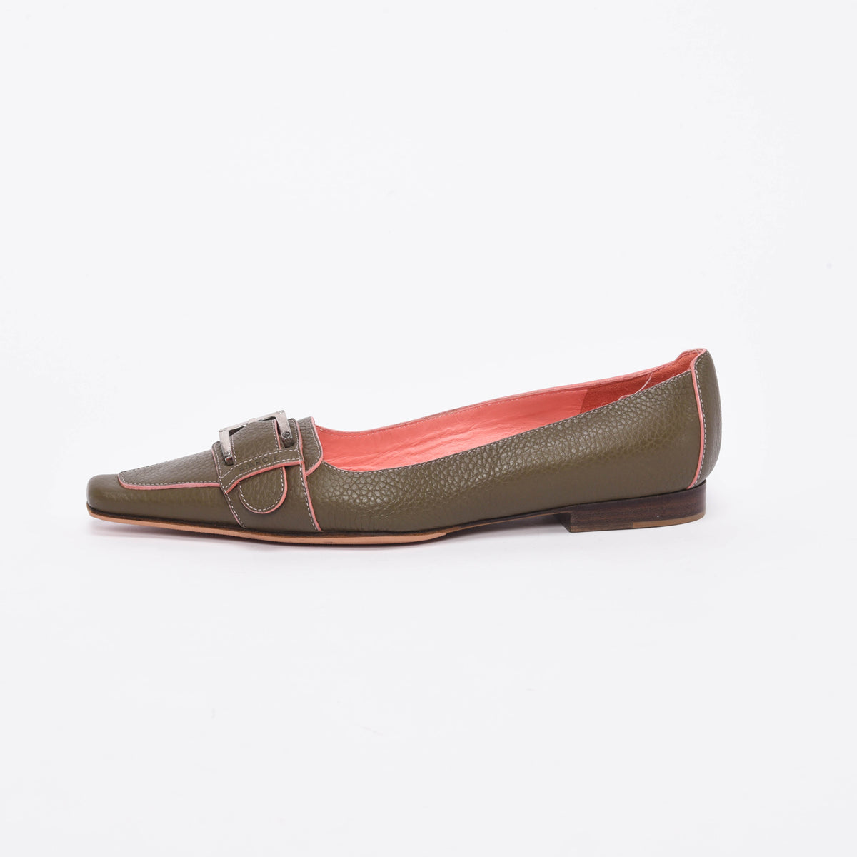 Loewe Khaki & Coral Calfskin Buckle Flats 36