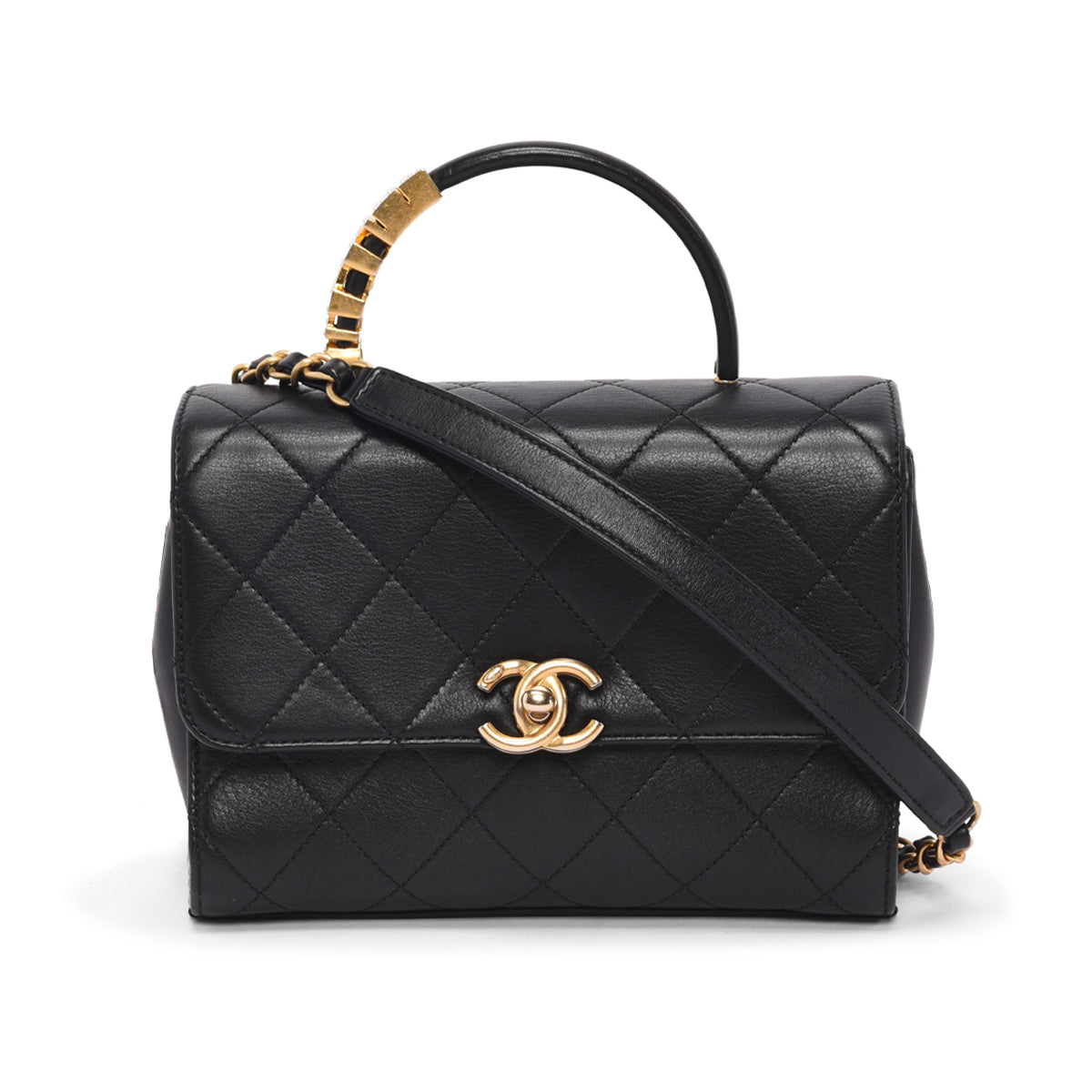 Chanel Black Calfskin Pearl Logo Top Handle Flap Bag
