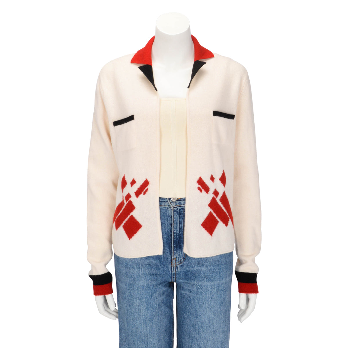 Chanel Ecru & Red Cashmere Open Cardigan FR 46
