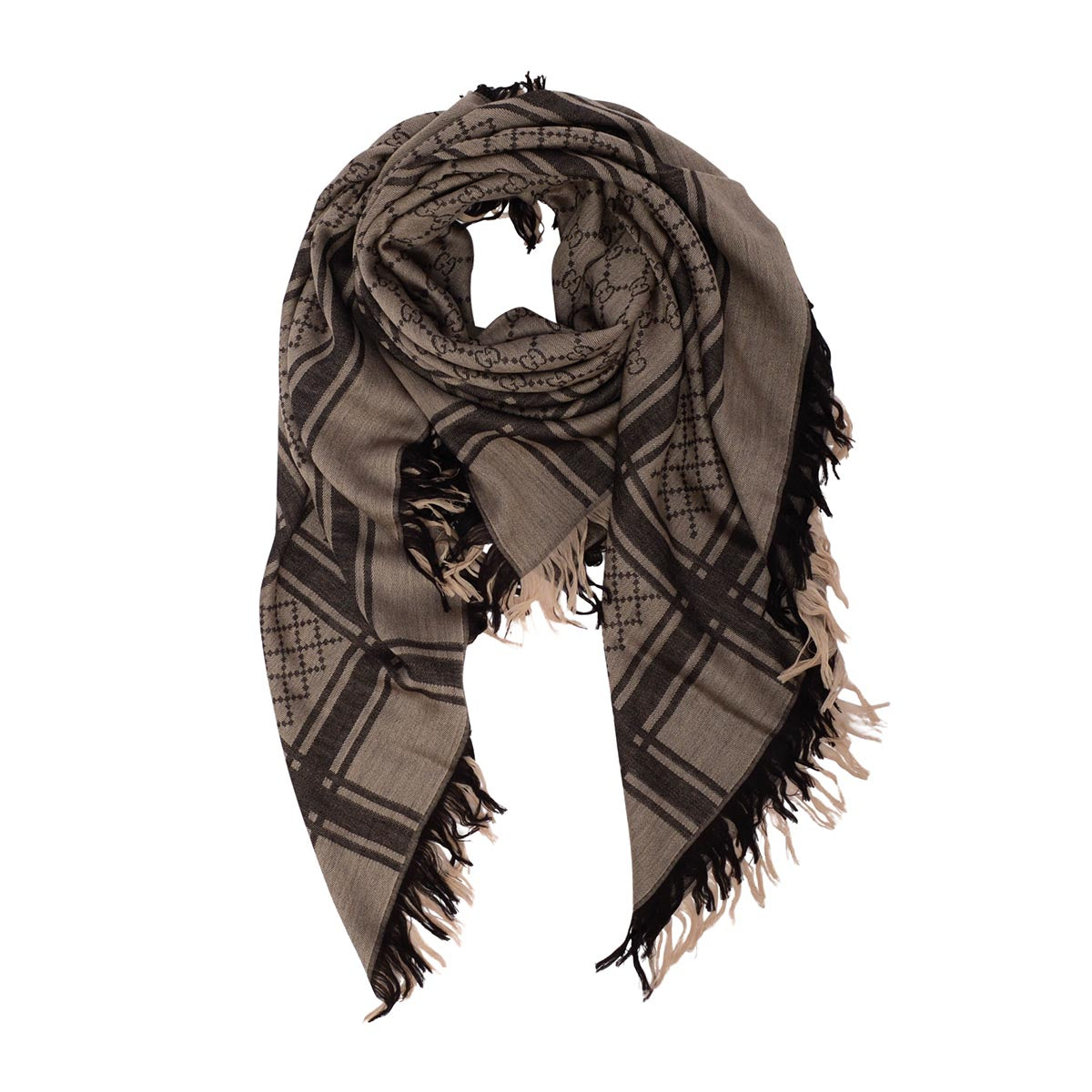 Gucci Beige Wool Silk Printed GG Fringed Scarf