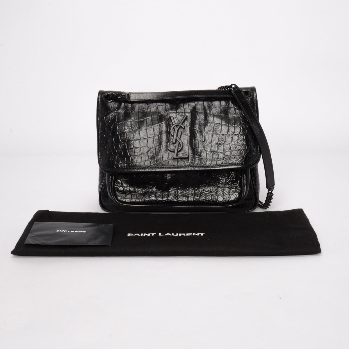 Saint Laurent Black Croc Embossed Medium Niki Bag