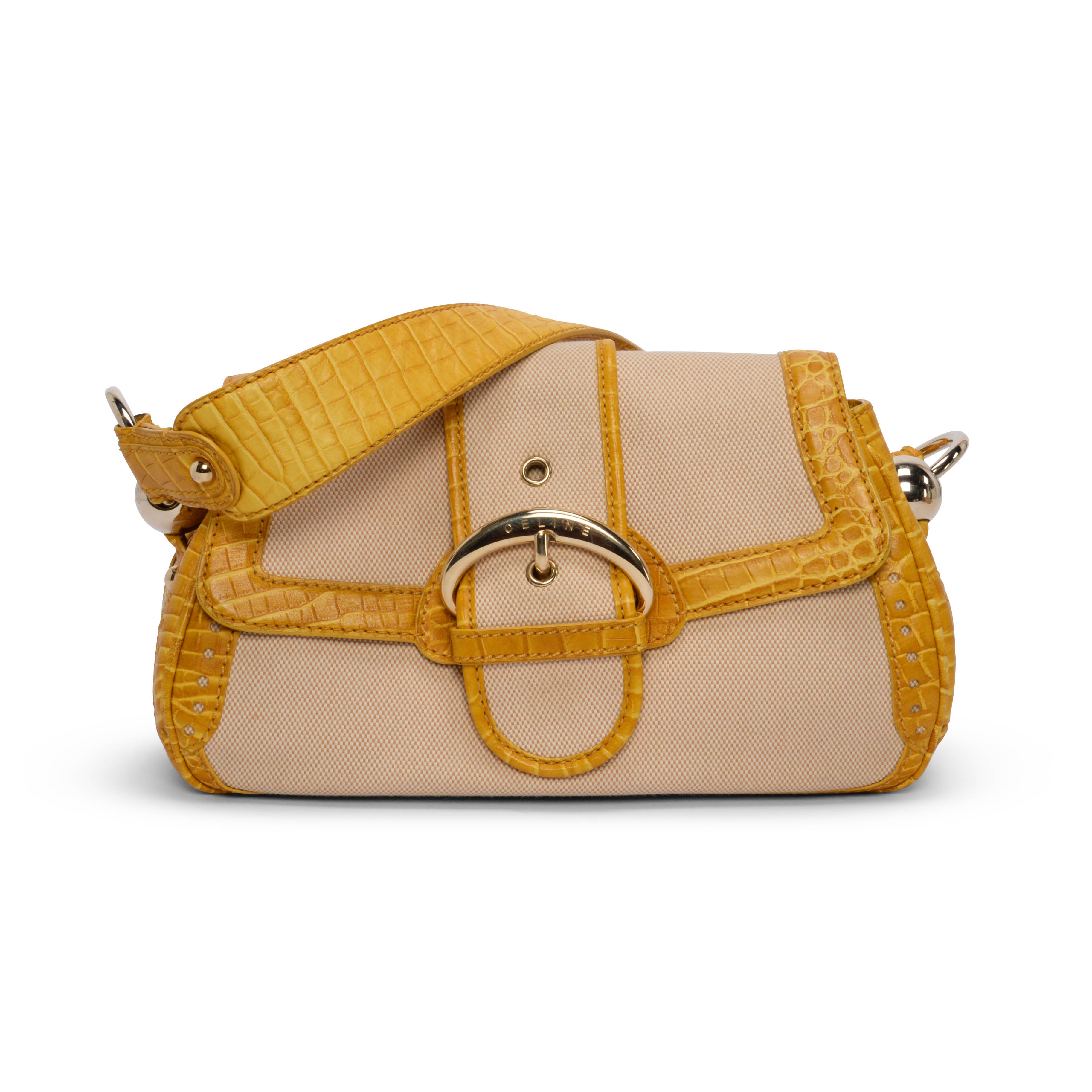 Celine Vintage Yellow Canvas Moc Croc Shoulder Bag