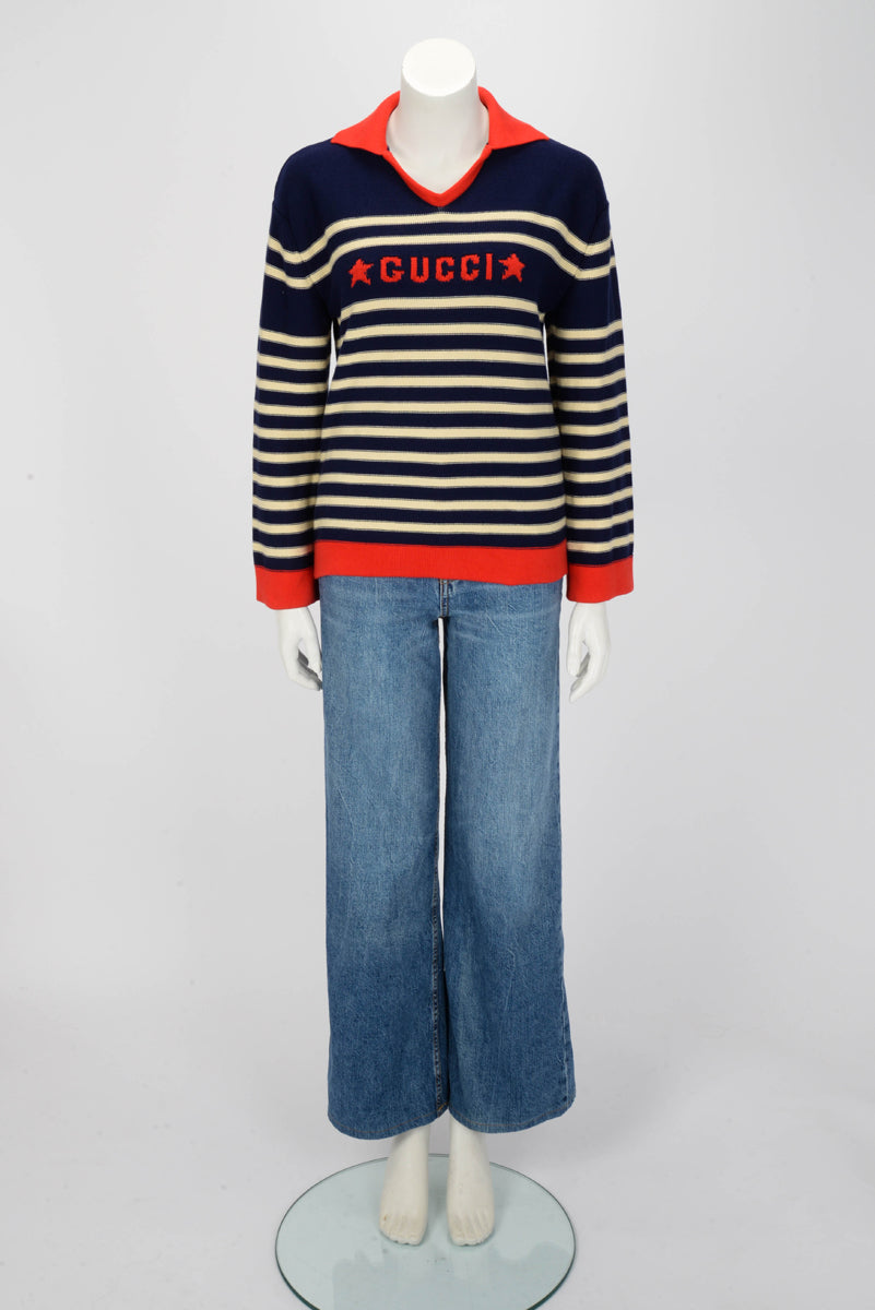 Gucci Red & Blue Striped Cotton Sailor Collar Sweater XS