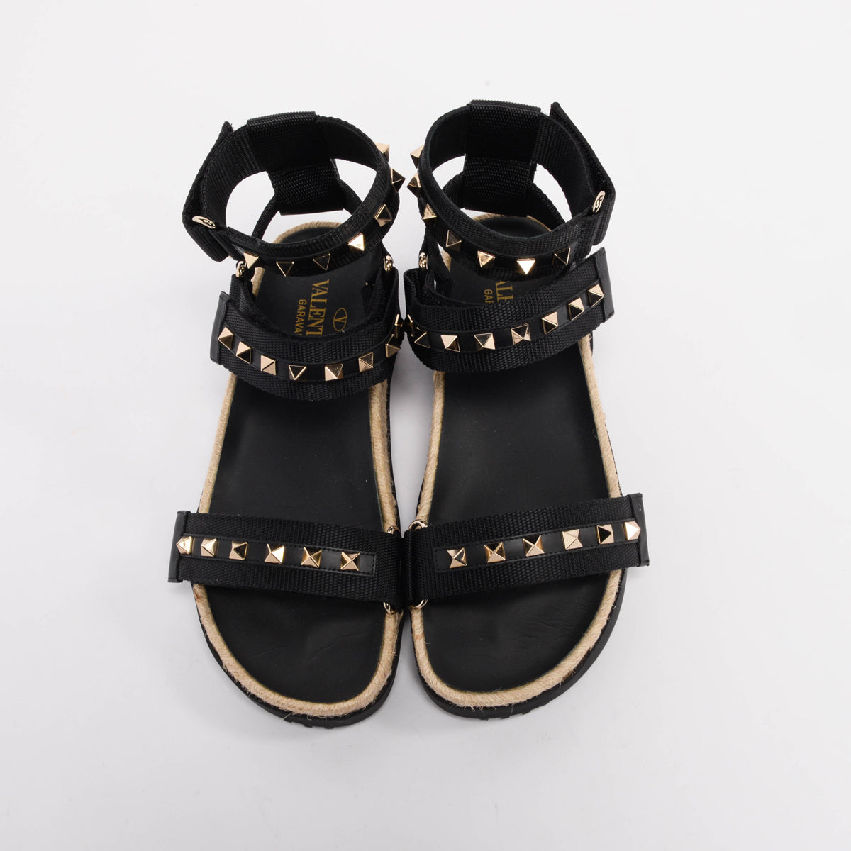 Valentino Black Nylon Rockstud Espadrille Sandals 36