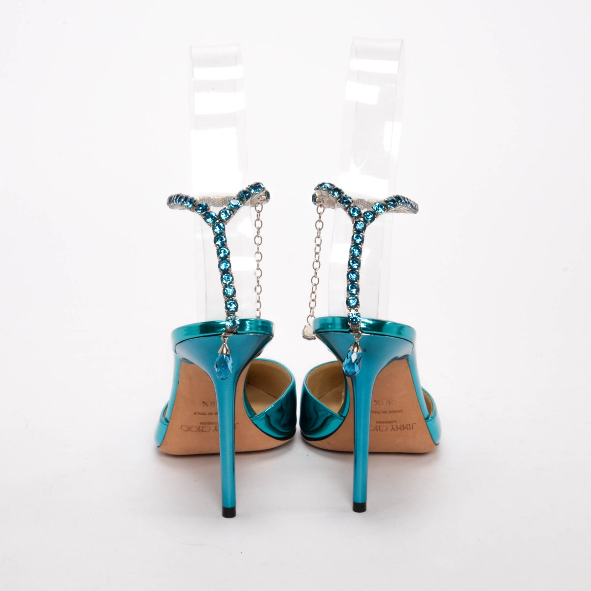 Jimmy Choo Blue Metallic Leather Crystal Saeda Pumps 38.5