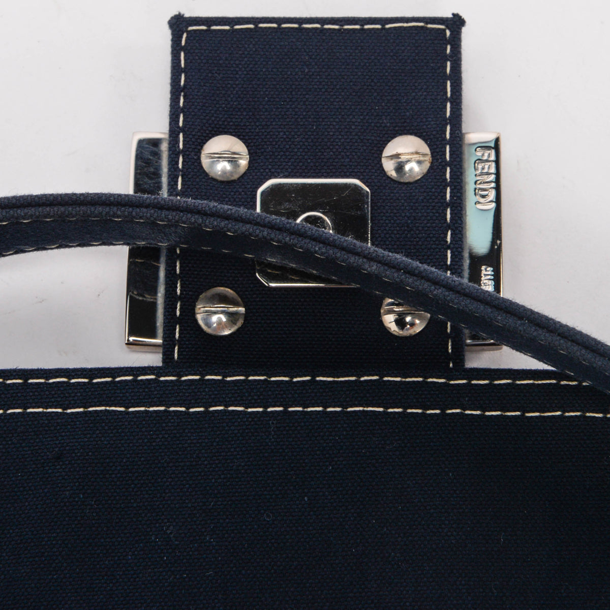 Fendi Navy Cotton Drill Enamel Clasp Baguette Bag