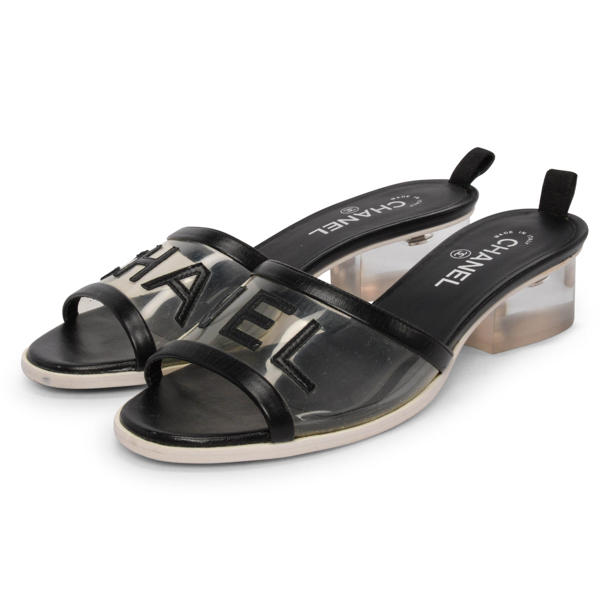 Chanel Black PVC & Lambskin Logo Sandals 40.5