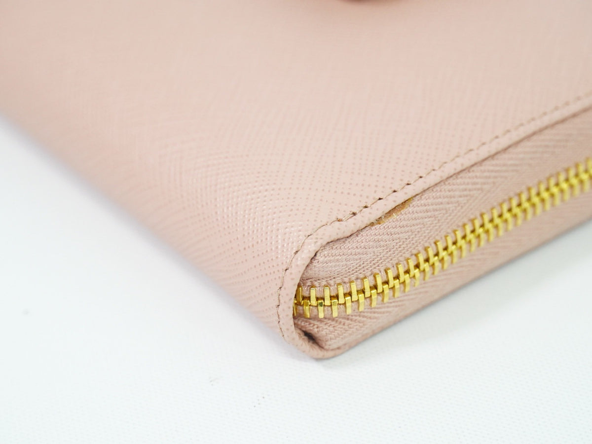 Prada Pink Saffiano Leather Bow Zip Around Wallet