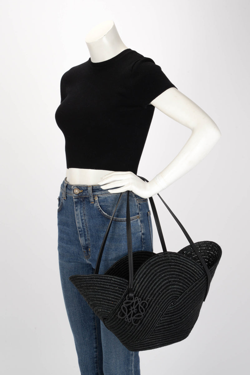 Loewe x Paula's Ibiza Black Raffia Petal Basket Tote