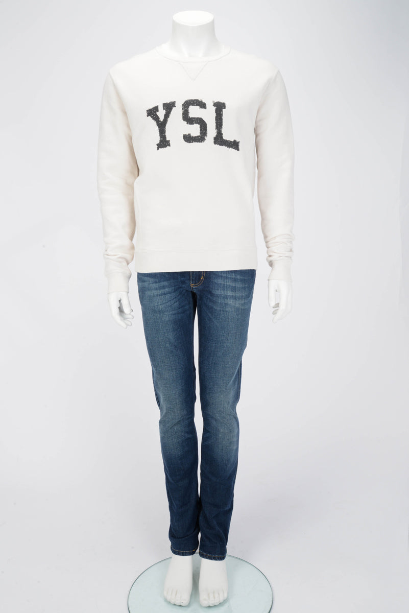 Saint Laurent Off White Cotton Logo Print Sweater M