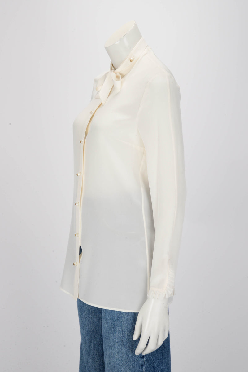 Gucci Off White Silk Tie Neck Blouse IT 40