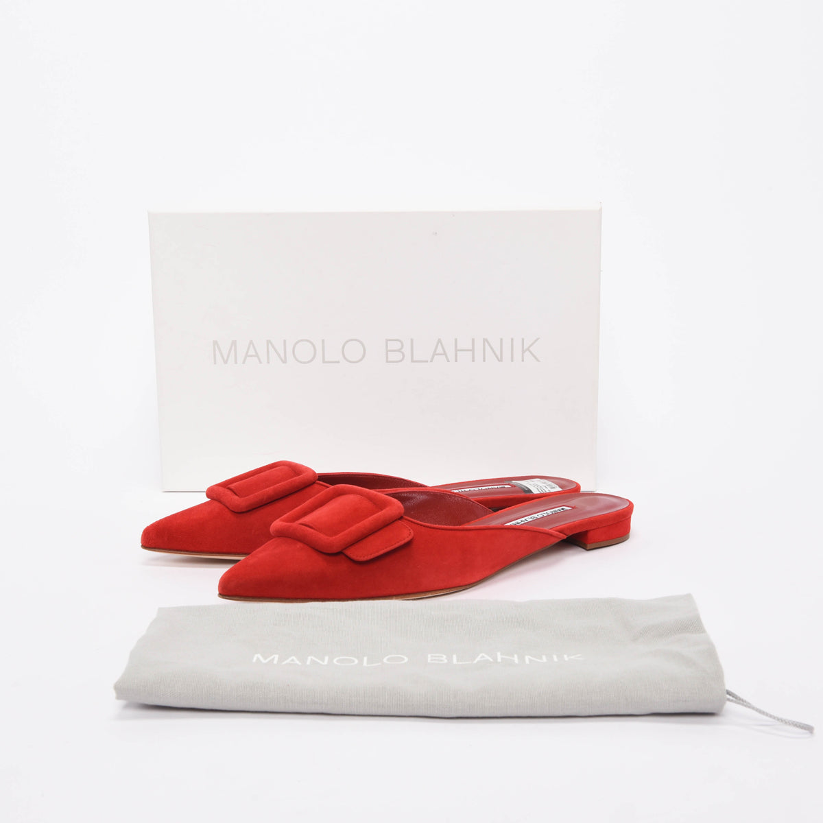 Manolo Blahnik Red Suede Maysale Buckle Mules 40