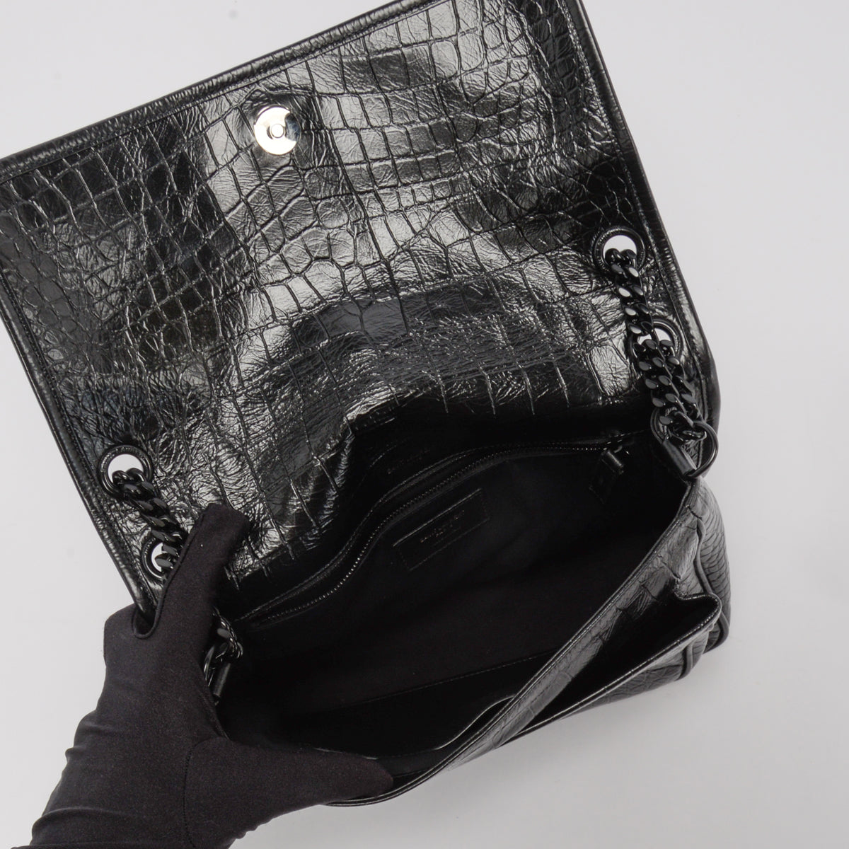 Saint Laurent Black Croc Embossed Medium Niki Bag